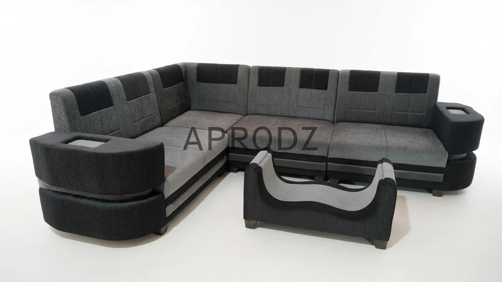 Modern L-Shaped Sectional 7-Seater Sofa with Coffee Table Padded Armrest Perfect Fabric Corner Sofa for Guests Living Room, Drawing Room, Office & Lounge Grey and Black 