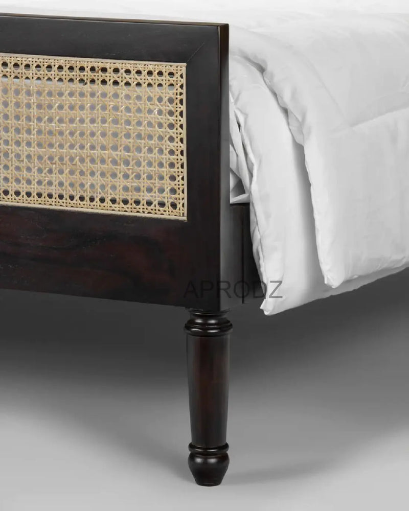 Mango Wood and Rattan Cane King Size & Queen Size Bed Frame, Black Finish 