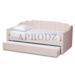 Blush pink Krease Daybed with trundle drawer open, offering a cozy and stylish sleeping solution for small spaces.