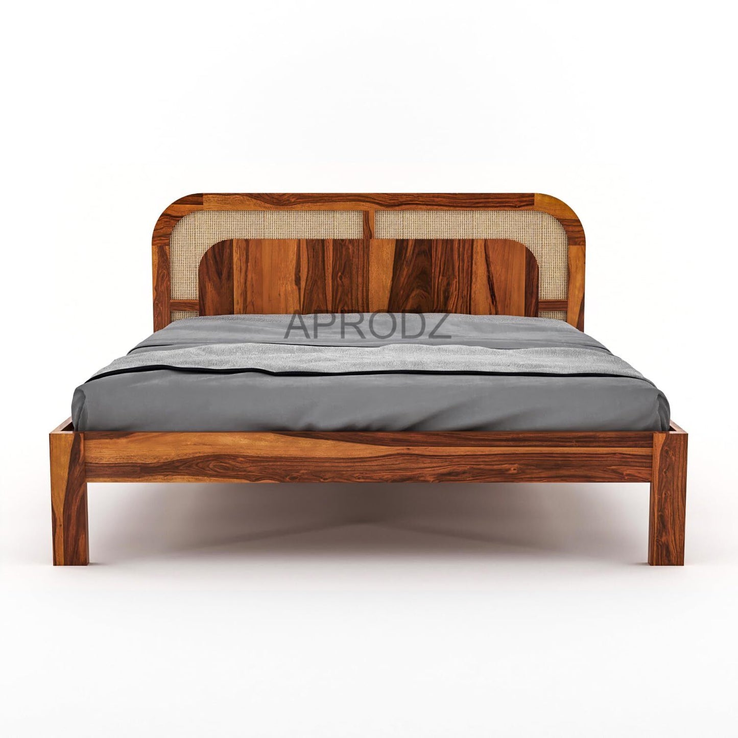 Sheesham Wood King Size & Queen Size Bed with Cane Headboard, Solid Wooden Frame 