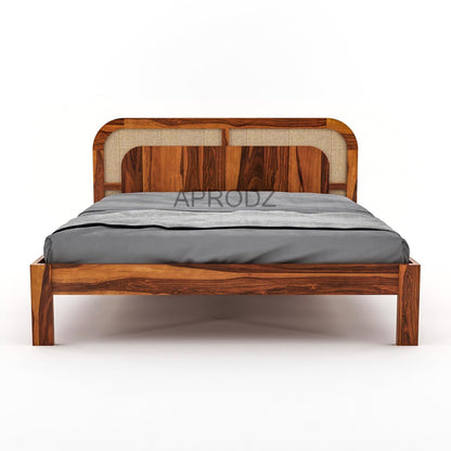 Sheesham Wood King Size & Queen Size Bed with Cane Headboard, Solid Wooden Frame 