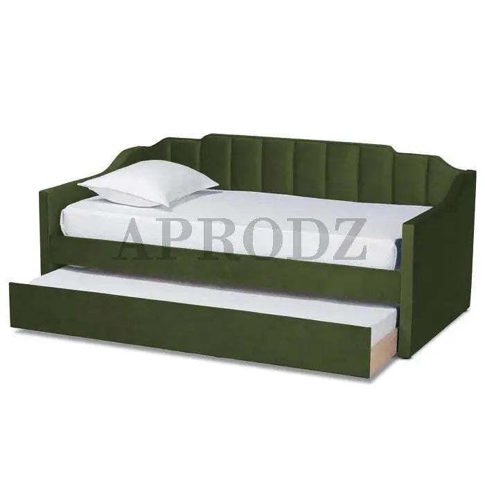 Translation missing: en.Green Krease Upholstered Daybed with pull-out trundle bed extended, showcasing dual sleeping space for compact living areas