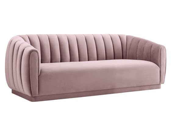 APRODZ Modern Serene Velvet Channel Tufted 3-Seater Sofa for Living Room – Pink, Elegant Curved Arm Design