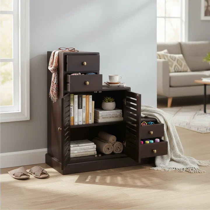 Translation missing: en.Zuni Sheesham Wood Shoe Rack Cabinet | Solid Wooden Shoe Storage with Drawers &amp; Doors | Modern Shoe Organizer for Home | Dark Brown 