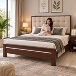 Solid Sheesham Wood Bed Without Storage Double Bed King Size Cot with Tufted Headboard Upholstered Bed for Bedroom (Beige) 