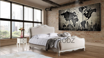 Hand Carved French Mango Wood Upholstered Bed  (Solid Wood - Linen Beige Fabric + White Finish) 