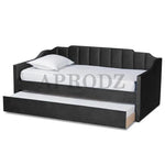 Black Krease Daybed with trundle drawer extended, providing extra sleeping space for guests or children.