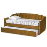 Mustard yellow Krease Daybed with trundle drawer open, offering extra sleeping space for guests or kids.