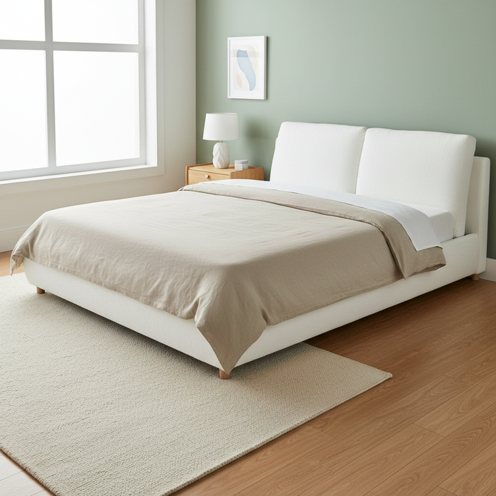 Translation missing: en.Boucle Fabric Upholstered Platform Bed with Two Removable Pillow Headboard, White Finish 