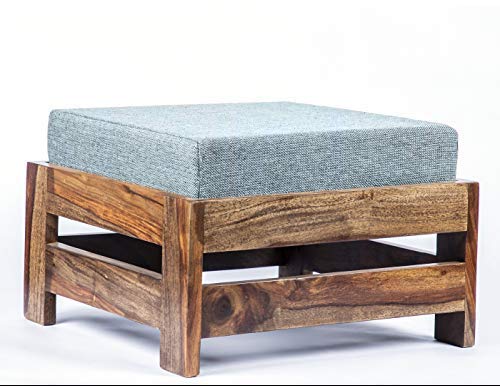 Solid Rosewood Footstool with Cushion - Teak Finish ; Beige Jute Aprodz