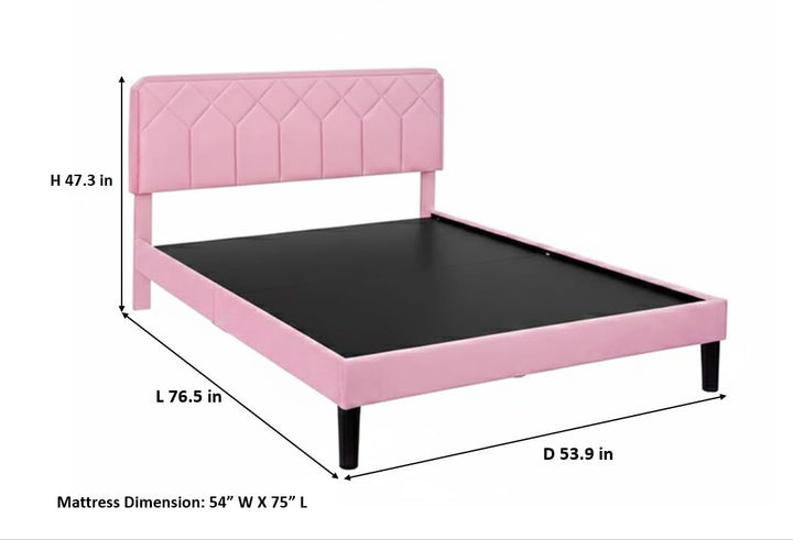 Translation missing: en.Platform Bed Frame with Velvet Upholstered Headboard and Wooden Slats Support, Mattress Foundation/No Box Spring Needed, 
 Pink Fabric + Leg Wood Black 