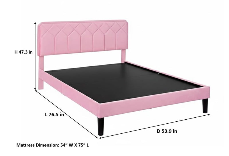 Platform Bed Frame with Velvet Upholstered Headboard and Wooden Slats Support, Mattress Foundation/No Box Spring Needed, 
 Pink Fabric + Leg Wood Black 
