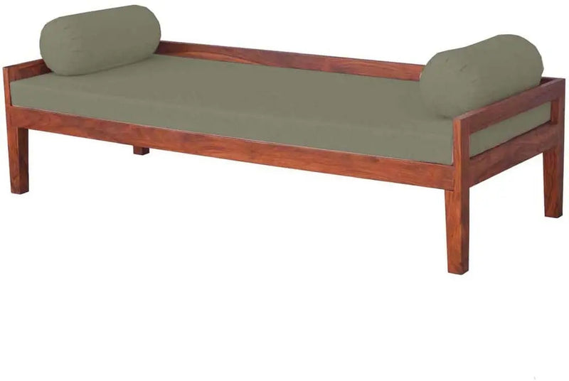 Solid Mango Wood Dewan Sofa Bed (Solid Wood - Light Grey Fabric + Brown) 