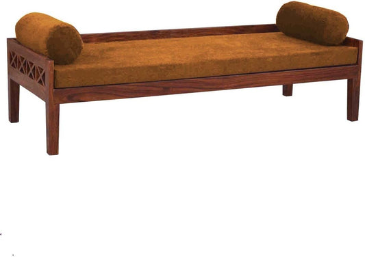 Solid Mango Wood Dewan Sofa Bed with Cushion for Living Room Hall (Solid Wood - Ochre Yellow Fabric + Teak)