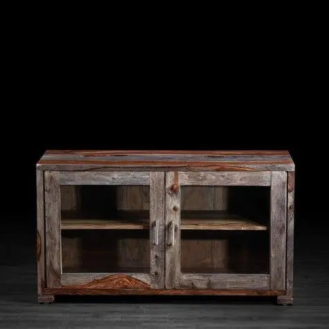 Flower Inspired TV Unit with Drawers & Shelf Storage Entertainment Unit Center Console TV Table for Living Room Furniture (Natural Teak Finish) 