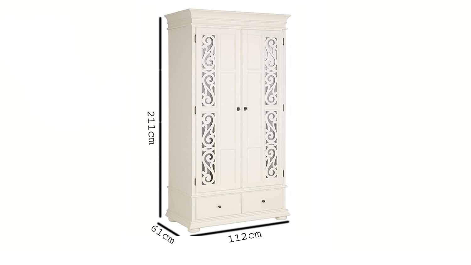 APRODZ Mango Wood Multipurpose Storage 2-Door Porto Wardrobe Almirah for Bedroom | Cream