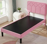 Platform Bed Frame with Velvet Upholstered Headboard and Wooden Slats Support, Mattress Foundation/No Box Spring Needed, 
 Pink Fabric + Leg Wood Black 
