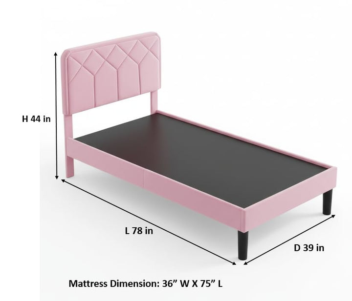 Translation missing: en.Platform Bed Frame with Velvet Upholstered Headboard and Wooden Slats Support, Mattress Foundation/No Box Spring Needed, 
 Pink Fabric + Leg Wood Black 