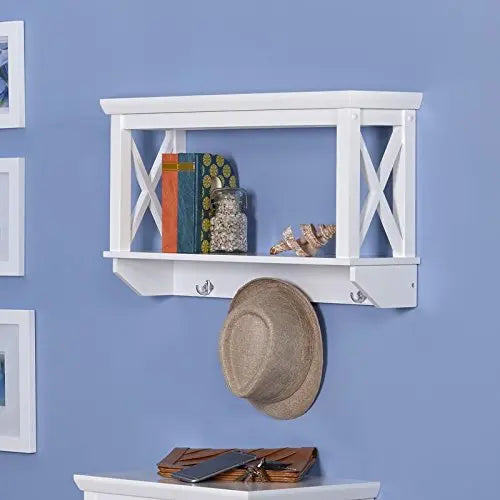 Translation missing: en.Mango Wood Larso Wall Shelf with Key Holder for Living Room | Wall Shelves | White Finish 