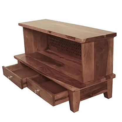 Wooden Pooja Temple – Solid Wood Floor-Mount, Polished Finish, 88.9 × 35.6 × 45.7 cm, Living Room Mandir 