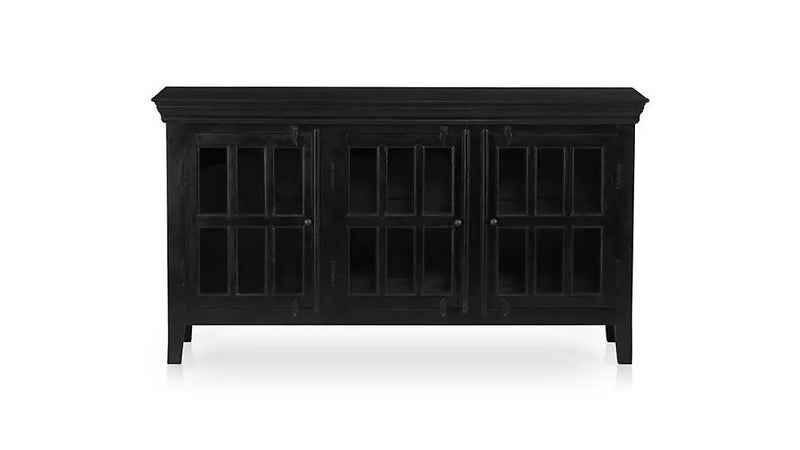 Mango Wood Entertainment 3 Door TV Stand Cabinet Unit for Living Room | Black Finish 