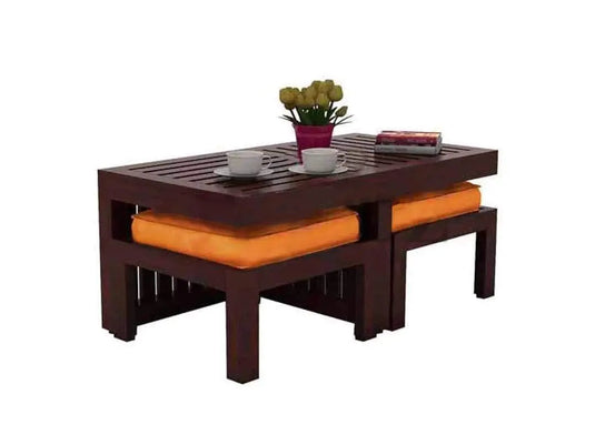 Translation missing: en.Sheesham Wood Nicola Stylish Coffee Table with 2 Stools for Living Room | Center Table for Home | Brown Finish… 