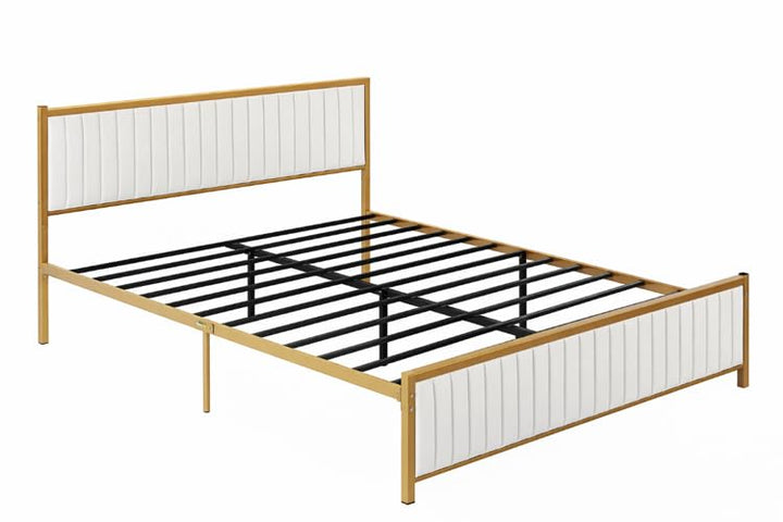 Translation missing: en.Upholstered Bed Modern Strip Headboard Footboard Platform Bed Frame with Heavy-Duty Metal Slats, No Box Spring Needed, Beige Fabric + Gold Powdercoated 
