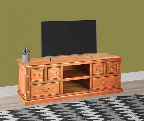 APRODZ Flower Inspired TV Unit with Drawers & Shelf Storage Entertainment Unit Center Console TV Table for Living Room Furniture (Natural Teak Finish)