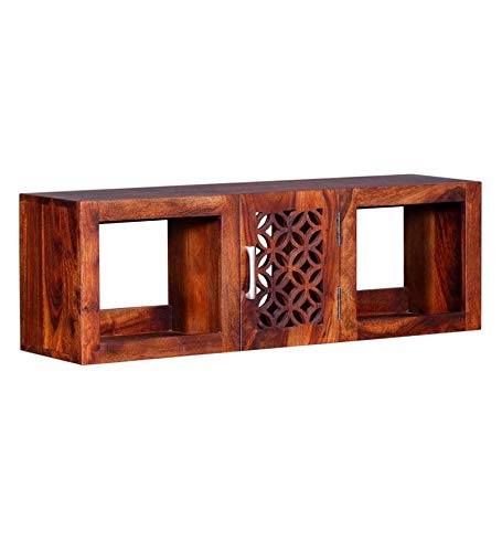 Durque Sheesham Wood Floating Box Wall Shelf - Honey Oak Finish
