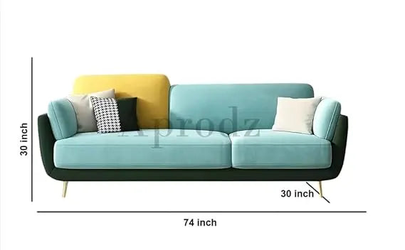 Luxelle Modern Sofa 3 Seater Velvet Upholstered Sofa Set with Tufted Backrest Cushioned Seating Tipped Gold Wooden Legs Couch for Living Room & Lounge (Aqua Blue) 