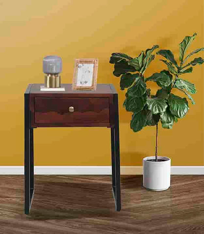 Solid Sheesham Wood and Metal 1 Drawer Bedside Table for Bedoom & Living Room Furniture (Rosewood Finish)
