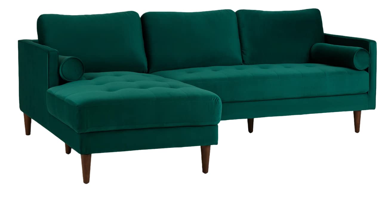 APRODZ MidCen Wooden LHS L Shape 3 Seater Sectional Sofa Set with High-Density Comfortable Foam for Living Room (Fabric- Velvet Dark Green)