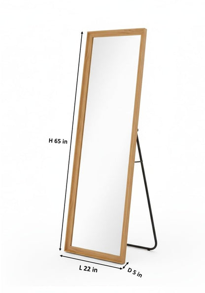 Full Length Mirror with Wooden Frame | 65×22 Inch Floor Standing Full Body Mirror | HD Large Dressing Mirror with Stand & Wall Hanging Option for Bedroom, Living Room & Studio 