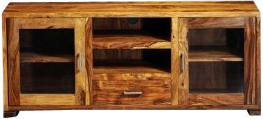 APRODZ Mango Wood Entertainment 3 Door TV Stand Cabinet Unit for Living Room | Black Finish