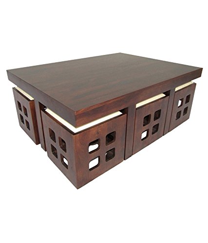 Solid Wood 6 Seater Coffee Table Stool Set for Home | Dark-Walnut