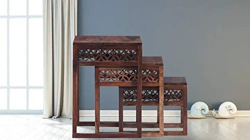 Translation missing: en.Durque Sheesham Wood Set of Three Tables - Provincial Teak Finish 