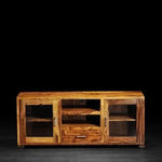 APRODZ Flower Inspired TV Unit with Drawers & Shelf Storage Entertainment Unit Center Console TV Table for Living Room Furniture (Natural Teak Finish)