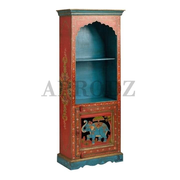 Wooden Elephant Flower Painted Bookshelf Corner Home Décor Bookcase Self Storage Stand Fine Work Painted Furniture (Multicolor)