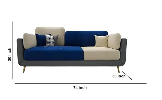 Luxelle Modern Sofa 3 Seater Velvet Removable Covers Sofa Set with Tufted Backrest Couch Cushioned Seating Tipped Wooden Legs Couch for Living Room & Lounge (Navyblue/Grey) 