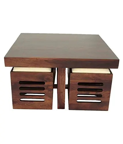 Solid Wood 4 Seater Coffee Table Stool Set for Home | Dark-Walnut 