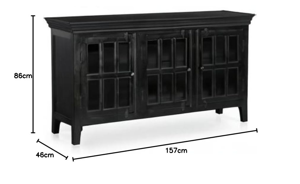 APRODZ Mango Wood Entertainment 3 Door TV Stand Cabinet Unit for Living Room | Black Finish