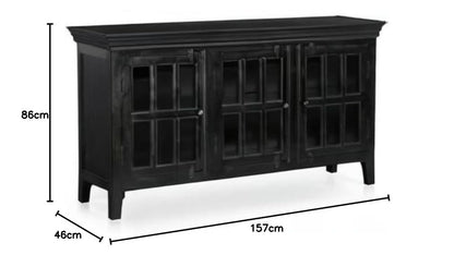 APRODZ Mango Wood Entertainment 3 Door TV Stand Cabinet Unit for Living Room | Black Finish