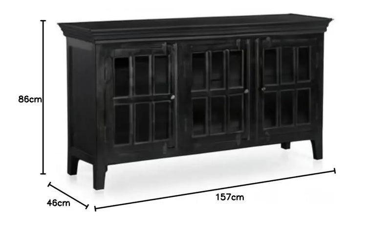 Mango Wood Entertainment 3 Door TV Stand Cabinet Unit for Living Room | Black Finish 