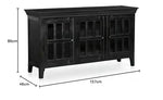 Mango wood entertainment 3 door TV stand cabinet unit in black finish with dimensions of 157cm x 46cm x 86cm.