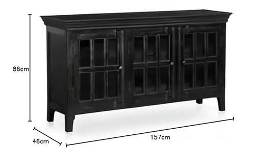 Translation missing: en.Mango wood entertainment 3 door TV stand cabinet unit in black finish with dimensions of 157cm x 46cm x 86cm