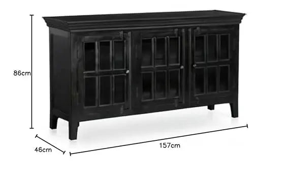 Translation missing: en.Mango wood entertainment 3 door TV stand cabinet unit in black finish with dimensions of 157cm x 46cm x 86cm