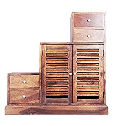 Sheesham Wood Storage Zuni Shoe Rack Cabinet for Living Room | 2 Shelf 4 Drawer Shoe Organizer | Mahogany 