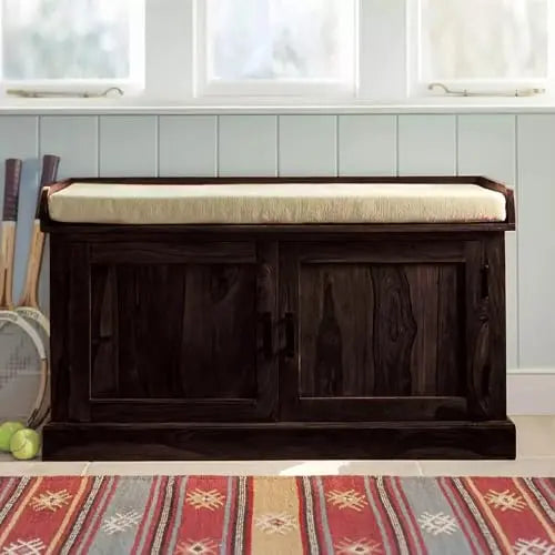 APRODZ Plata Small Shoe Rack Wooden Multipurpose Storage Cabinet with Seat (Teak Finish)