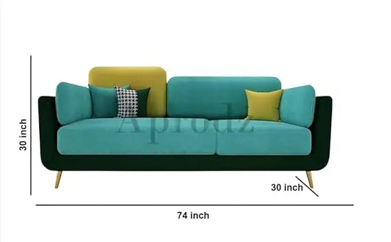 Luxelle Modern Sofa 3 Seater Velvet Upholstered Sofa Set with Tufted Backrest Cushioned Seating Tipped Wooden Legs Couch for Living Room & Lounge (Teal/Yellow) 