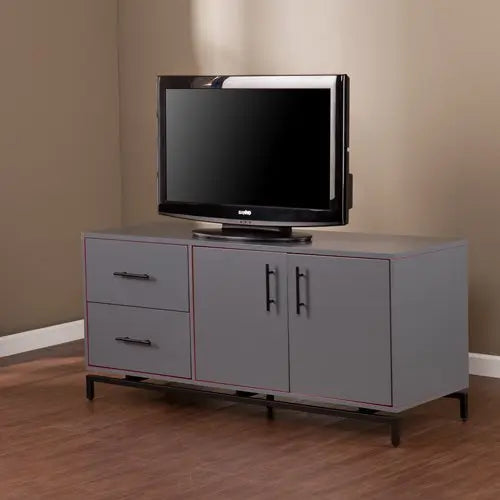 Mango Wood Lativa TV Stand Cabinet for Home | TV Unit for Living Room | Grey + Red and Black Powdercoated Finish 